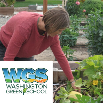 Person reaching into a vegetable plot and Washington Green School logo.