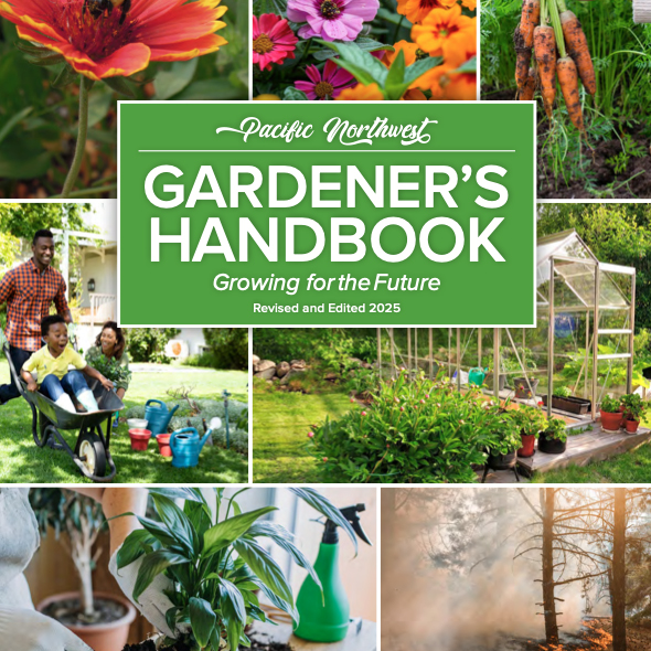 Cover of a gardener’s handbook with photos of flowers, vegetables, and people.