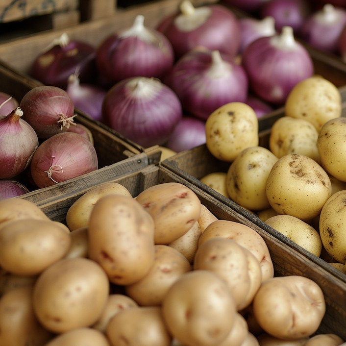 Bins of purple onions and yellow potatoes.
