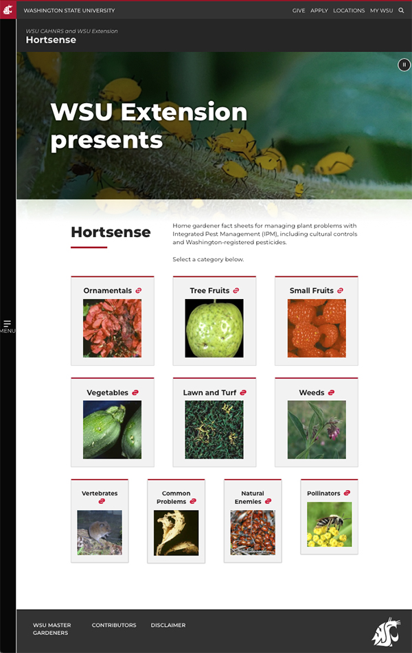 Computer screen capture says “WSU Extension presents: Hortsense” and shows photos of plants, fruits, vegetables and insects.