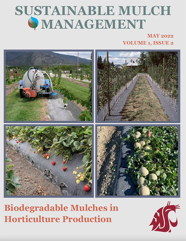 Newsletter cover shows 4 photos of plastic mulch in a small farm setting.