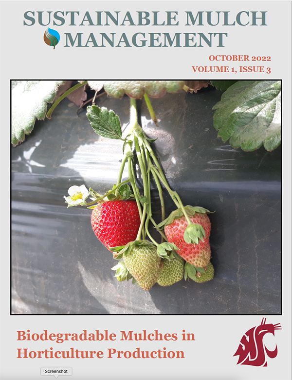 Gray and crimson cover of newsletter reads “Sustainable Mulch Management” and shows photo of ripening strawberries.
