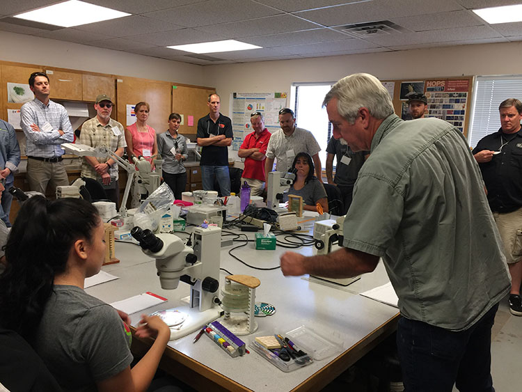 Entomologist Doug Walsh discusses microscopy with Hop Research Council members and guests in the Prosser Hop Laboratory.