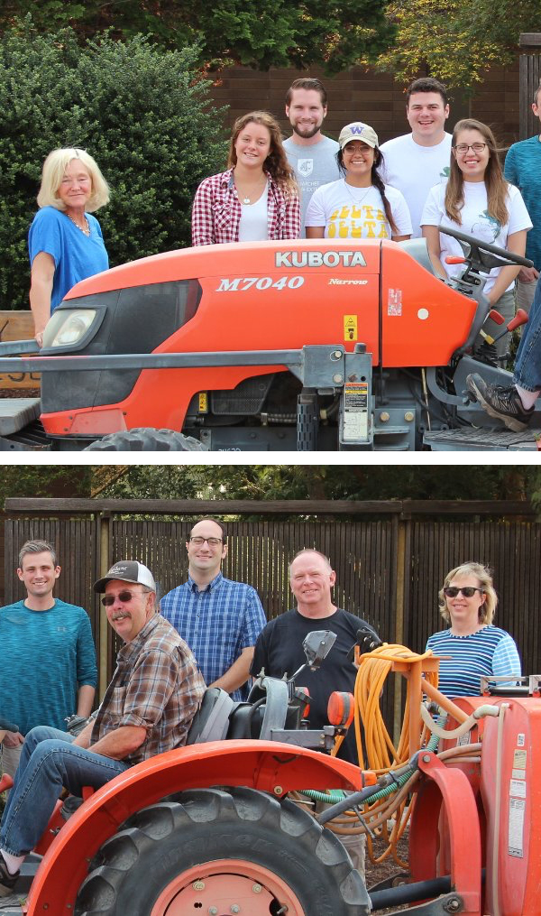 Eleven people pose around an orange tractor in a two-part photo.