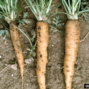 Three pale yellow carrots showing smaller infected carrot on the left and larger healthy carrot on the right.