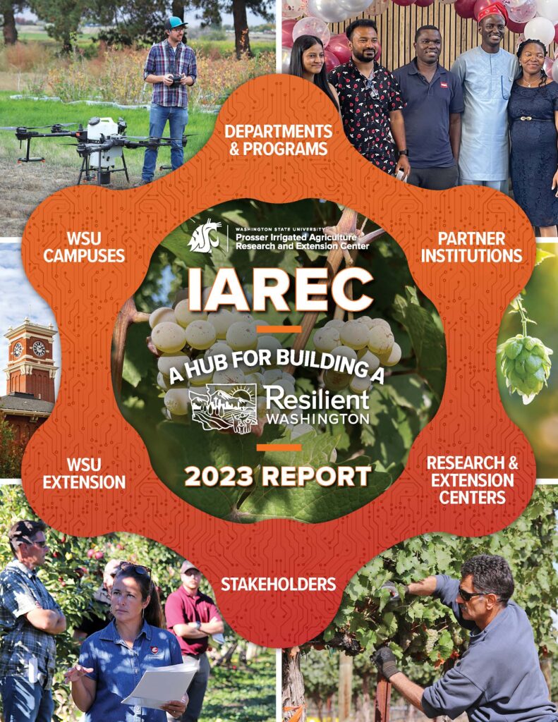 Cover of the 2023 Annual Report with sections that read Departments and Programs, WSU Campuses, WSU Extension, Stakeholders, Research and Extension Centers, and Partner Institutions.