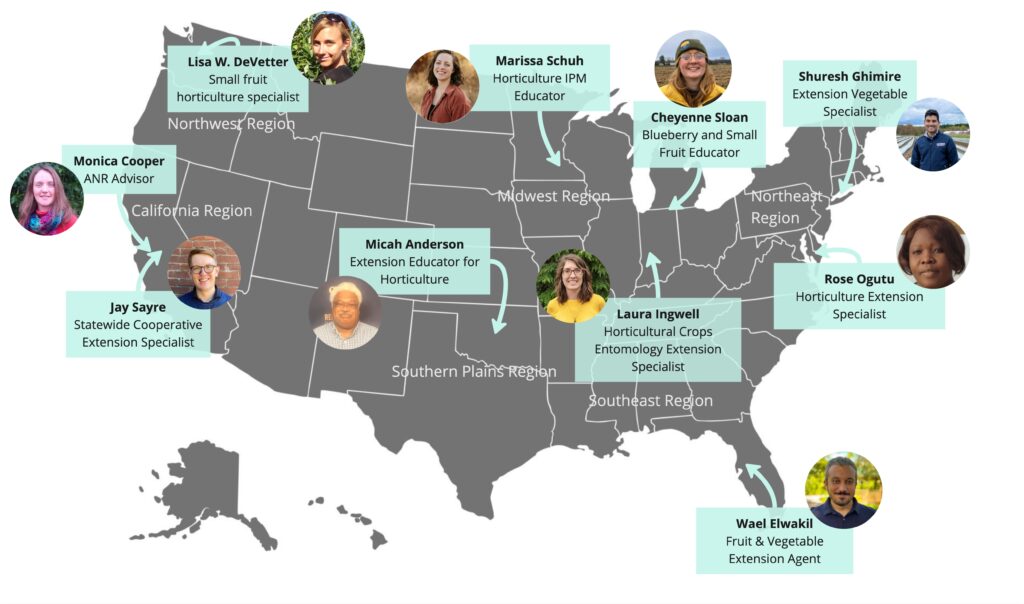 Map of the US overlaid with Analogs Academy participant locations and Climate Hub regions