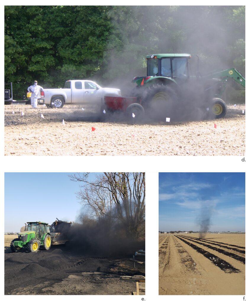 Tractor with a trailer of biochar with dust clouds from the field
