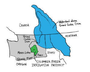 Hand drawn map of the range of the Columbia Basin Irrigation Project