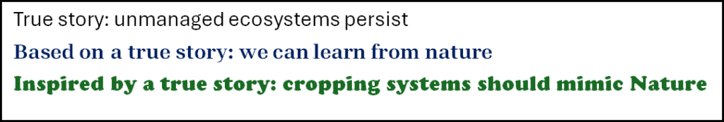 Text reading "True story: unmanaged ecosystems persist, Based on a true story: we can learn from nature, Inspired by a true story: cropping systems should mimic Nature"