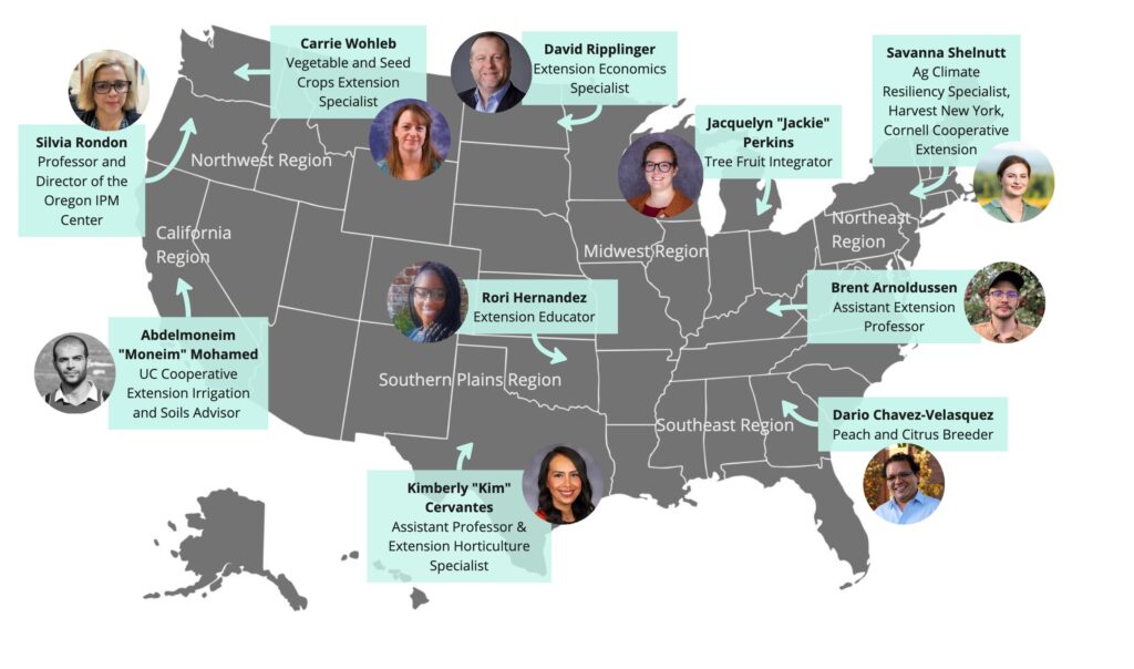 US map with name and titles of the 10 extension participants in the Climate Analogs Academy in 2025.