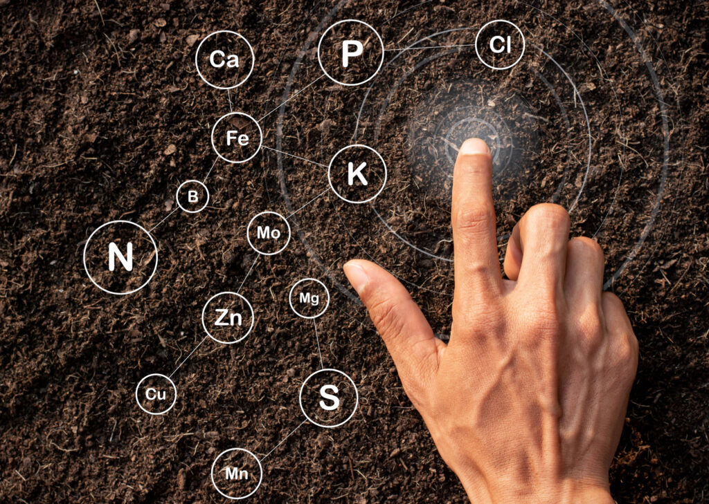Caucasian right hand hovering above above brown compost with elements such as N, P and K in circles floating around.