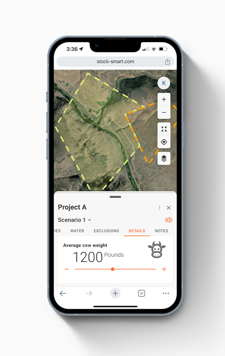 SmartStock.com open on cell phone showing map and pasture boundaries, plus options to enter cattle weight.
