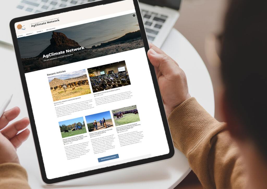 The AgClimateNetwork webpage is pulled up on a webpage, showing recent articles.