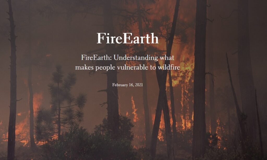 Screenshot of FireEarth website, which features a photo of a smoky forest fire scene.