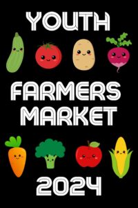 colorful youth farmers market logo with cartoon vegetables on a black background.