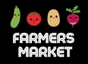 colorful youth farmers market logo with cartoon vegetables on a black background.