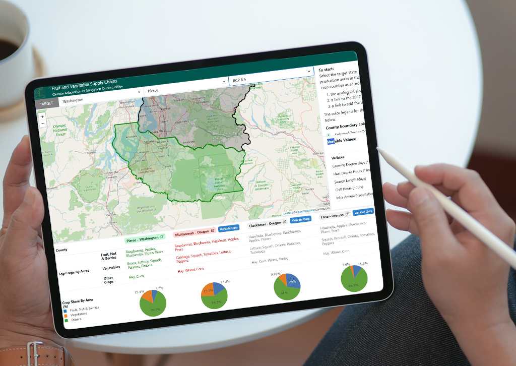 A person holds a notepad with a map of pierce county and various pie charts--a screenshot from the Climate Analog Tool.