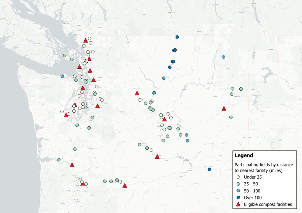 Map of Washington showing many compost facilities and participating fields clustered along on I-5 corridor, Kitsap Peninsula, central WA, and along state's southern border. One facility is in Pullman region.