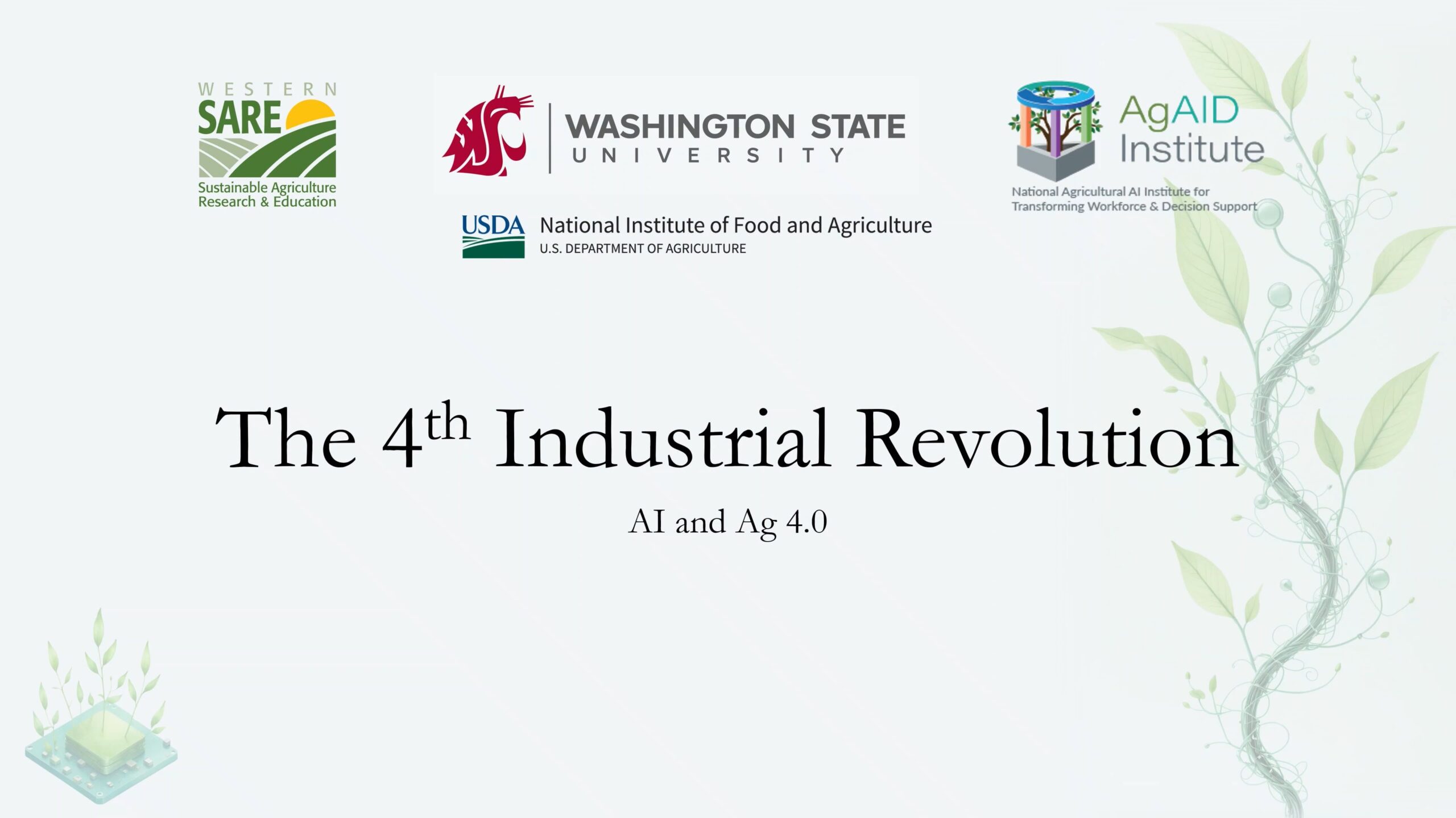 Screen reads "The 4th Industrial Revolution, AI and Ag." The Western SARE logo, WSU logo, USDA NIFA logo, and Ag AID logo line the top of the screen.