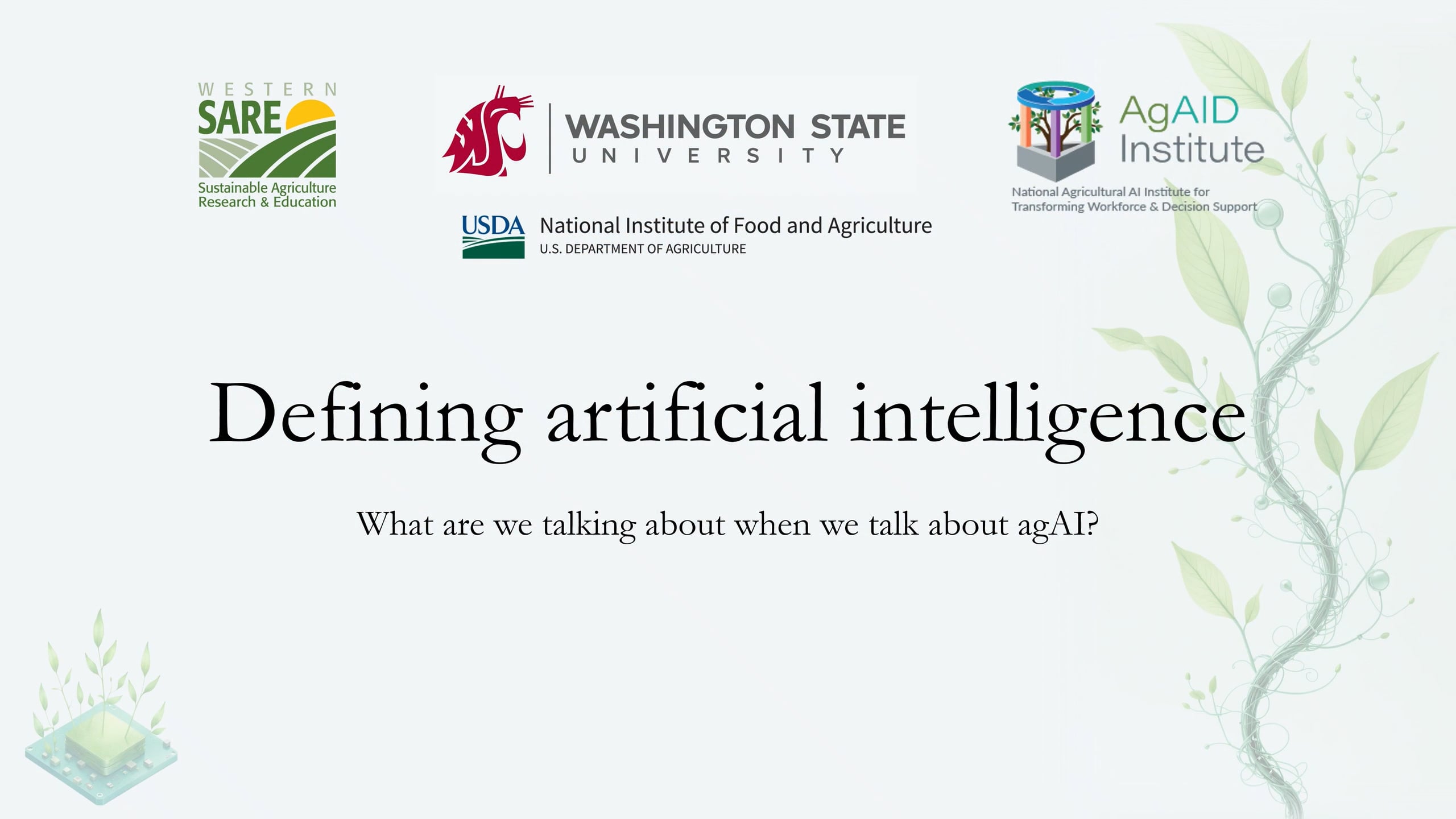 A screen reads "Defining artificial intelligence. What are we talking about when we talk about agAI?" Logos for WSU, USDA NIFA, US AG AID and Western SARE line the top of the screen. 