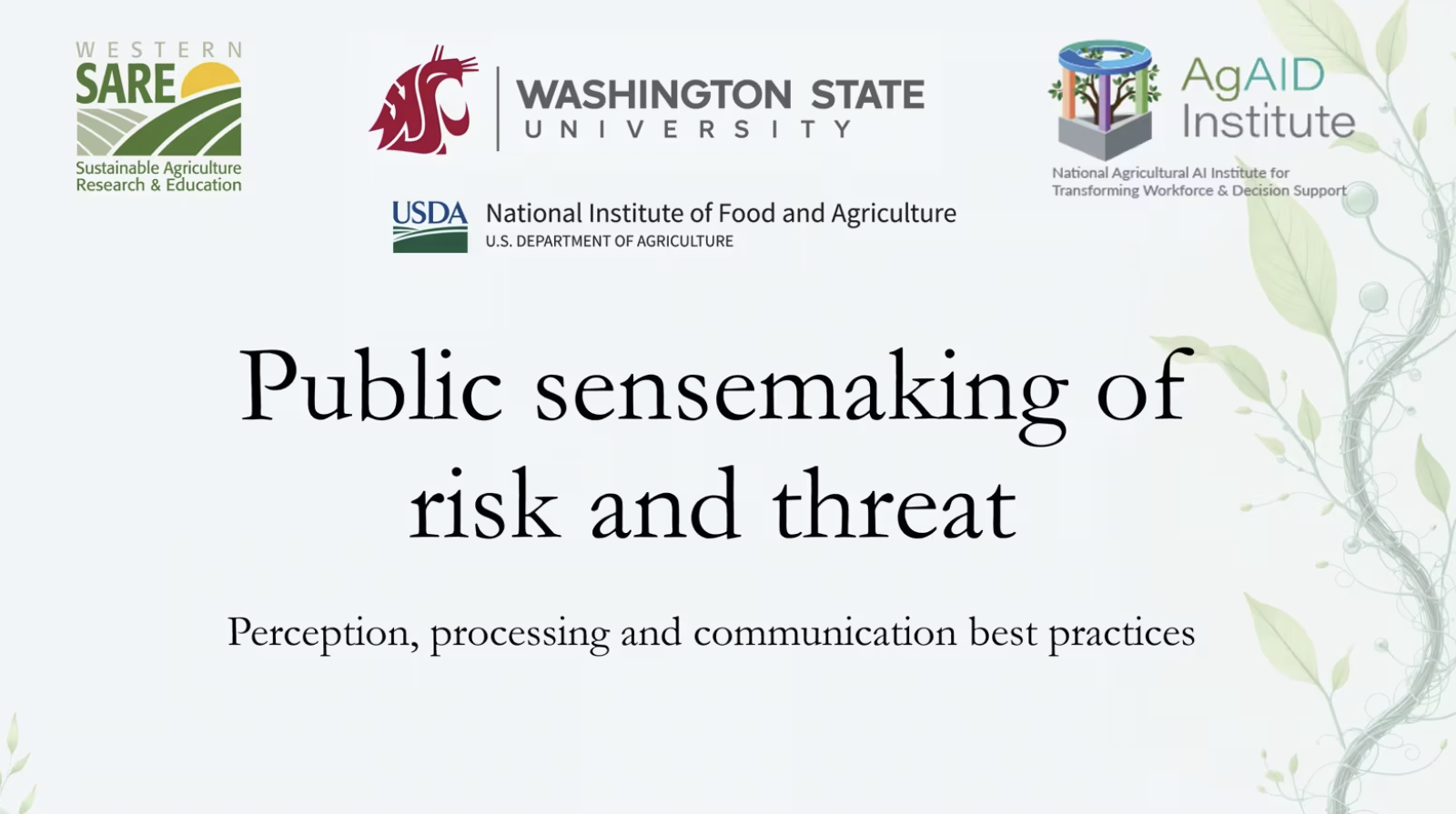 Screen reads "Public sensemaking of risk and threat. Perception, processing, and communication best practices." Logos for Washington State University, USDA NIFA, Ag AID, and Western SARE line the top of the screen.
