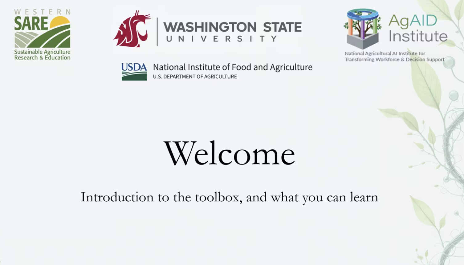 Text reads "Welcome, Introduction to the toolbox, and what you can learn." Logos for Western SARE, WSU, USDA NIFA, Ag AID line the top of the screen.