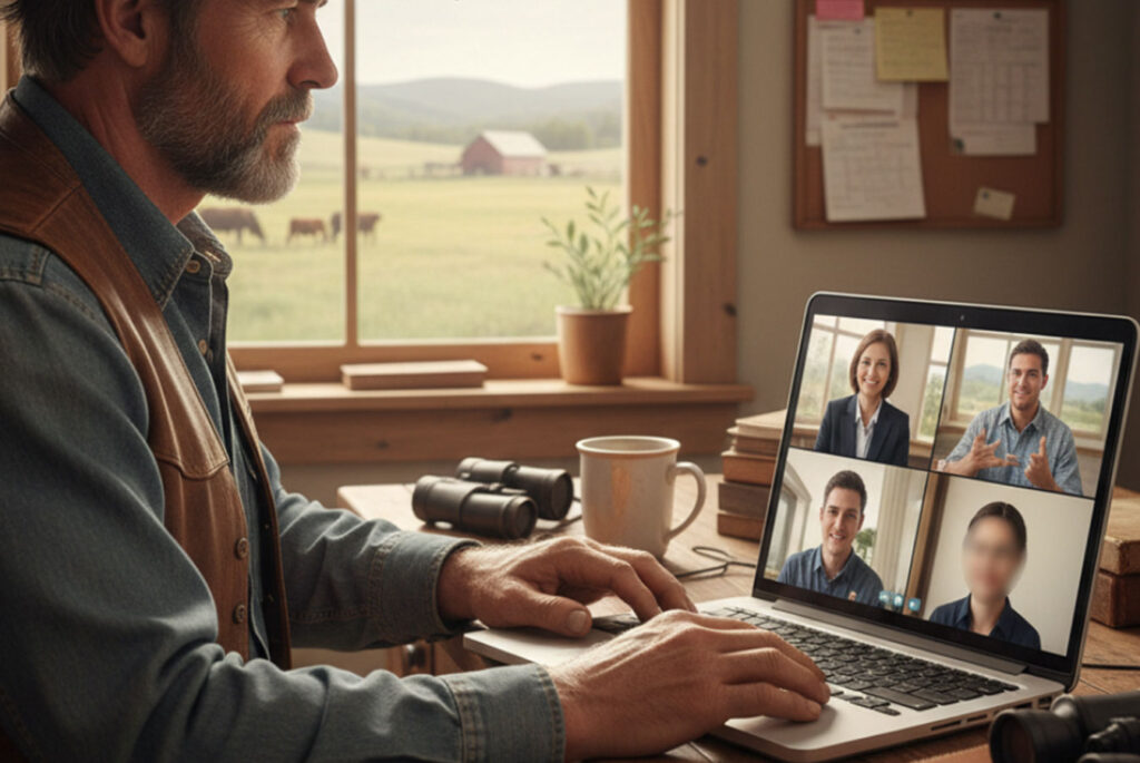 Rancher on a Zoom call.