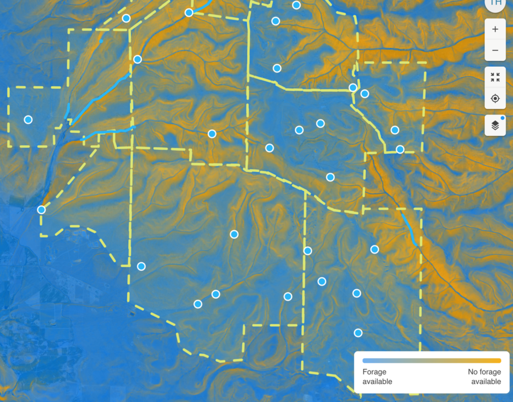 Terrain map featuring several pastures that are highlighted in gradients of blue and yellow showing topographjy.