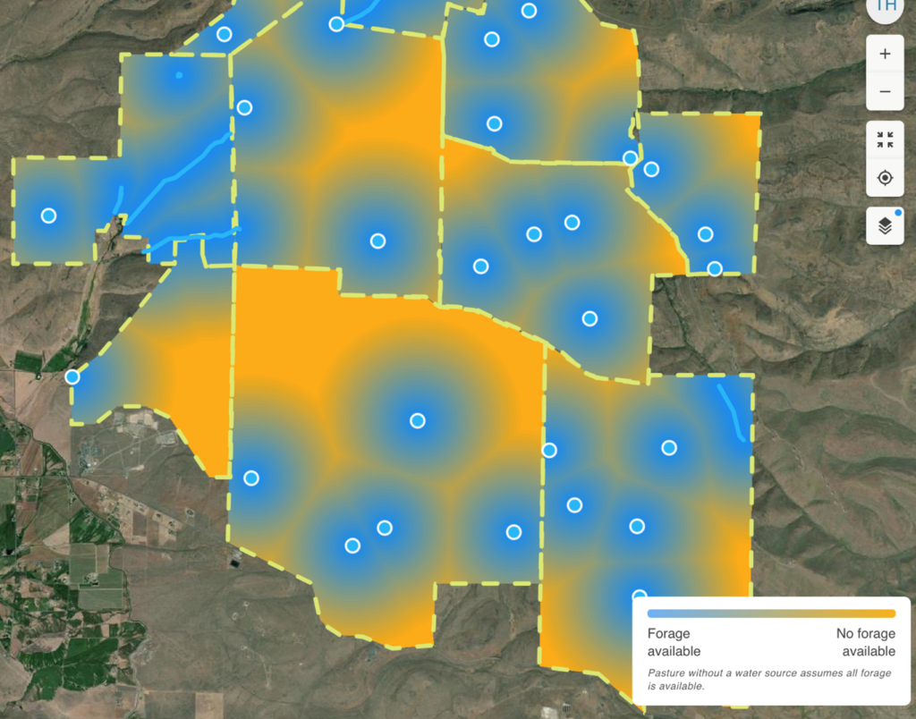 Terrain map featuring several pastures that are highlighted in gradients of blue and yellow.