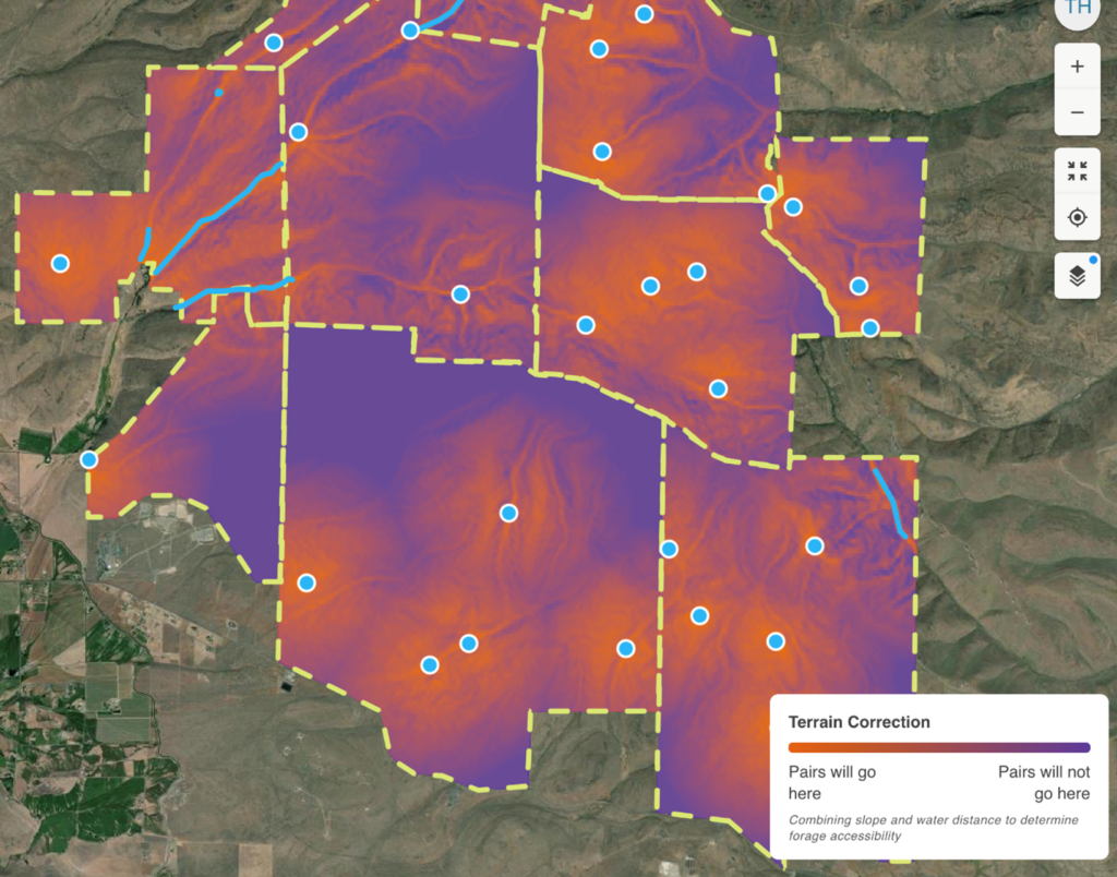 Terrain map featuring several pastures that are highlighted in gradients of pink and purple.