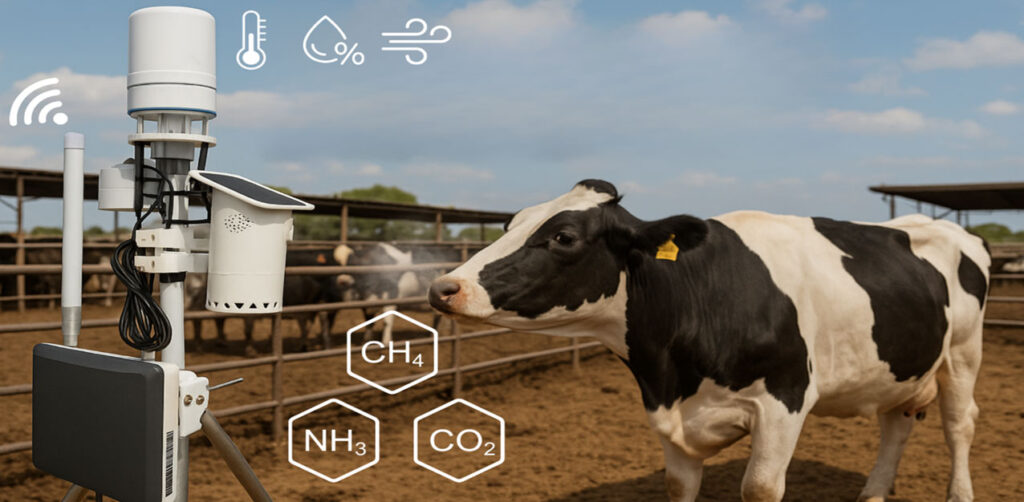 Scene of a dairy with monitoring device, dairy cow, and superimposed icons.