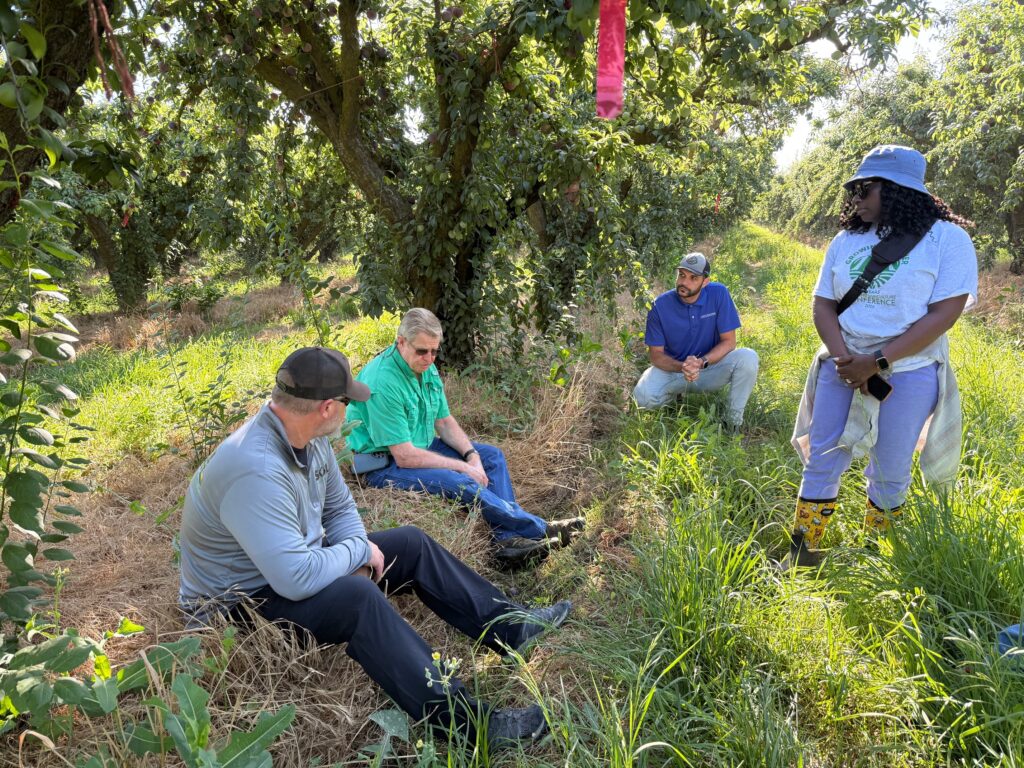 A group of people stand in a field.