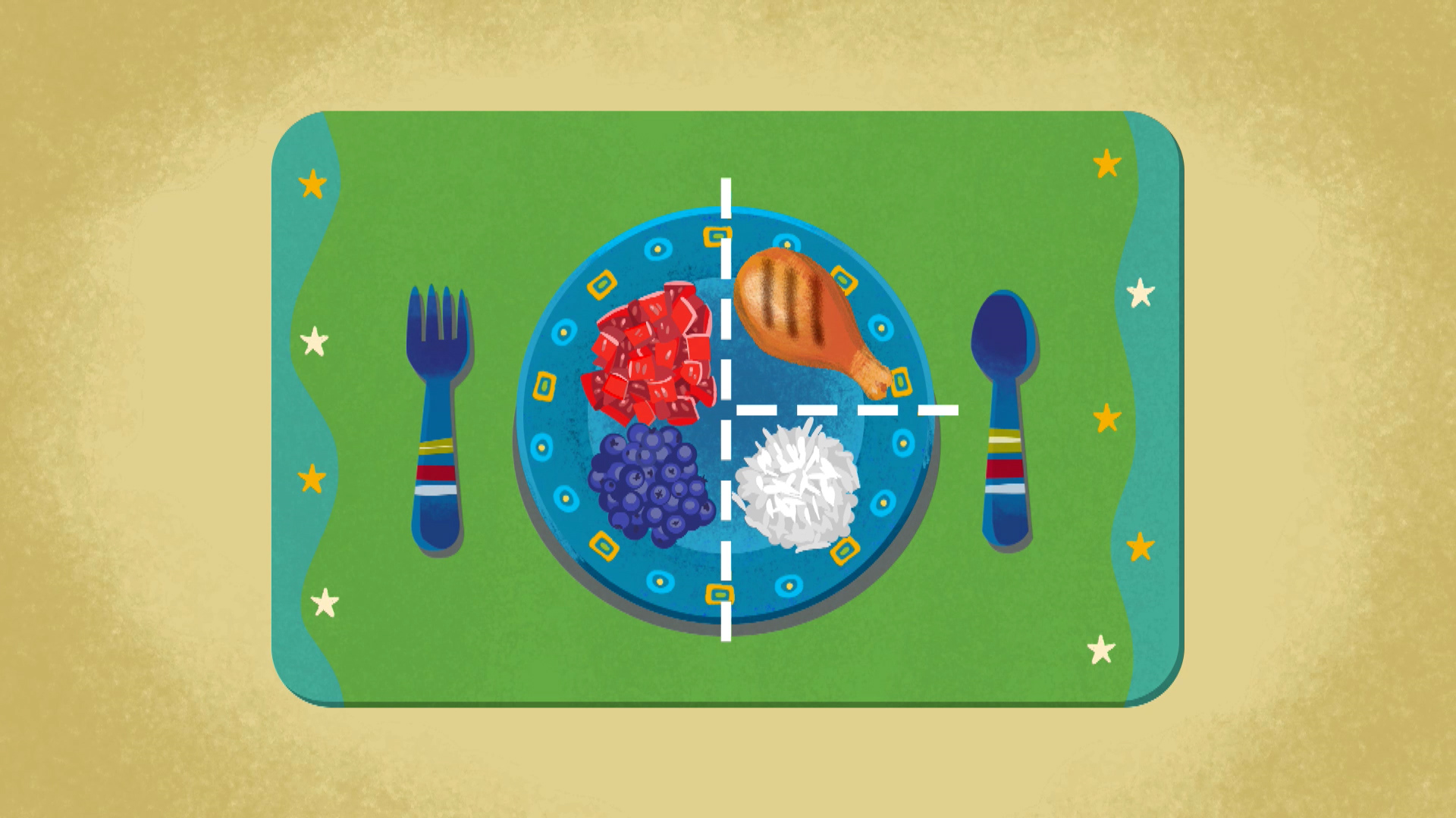 Colorful plate with child portion sizes.