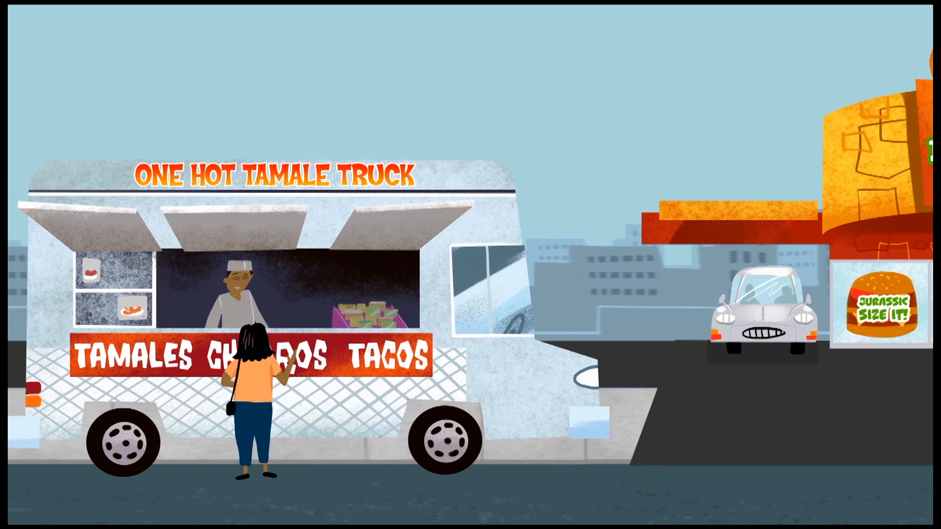 Cartoon picture of taco truck.