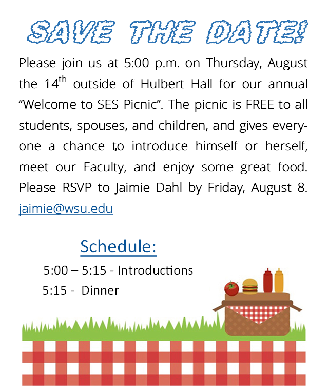 Save the date flyer for Thurday August 14 the Welcome to SES picnic outside Hulbert Hall