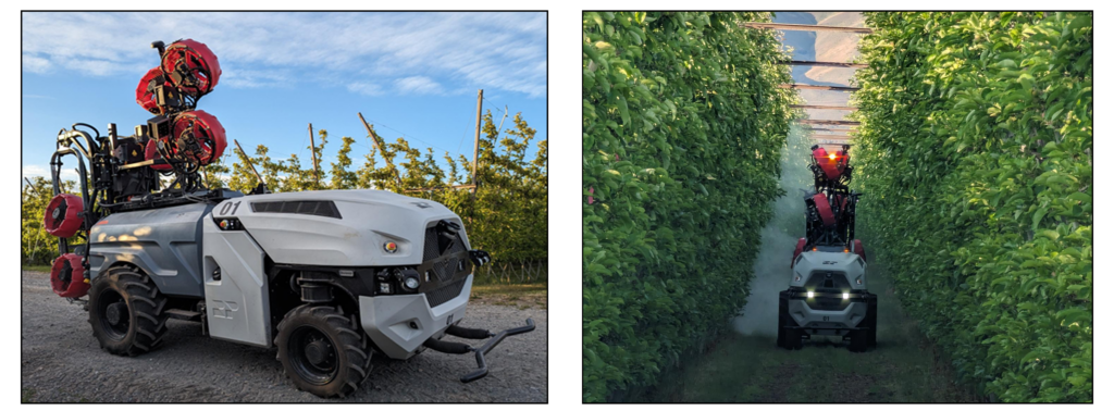 Side (left) and front (right) view of the tested autonomous unmanned ground vehicle sprayer with eight fans configured in the top and bottom sprayer sections.