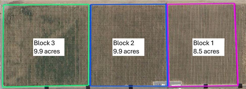 Automated/precision irrigation and heat stress automation blocks at Mattawa Testbed. Block 1 is 8.5 acres, Block 2 and 3 are 9.9 acres