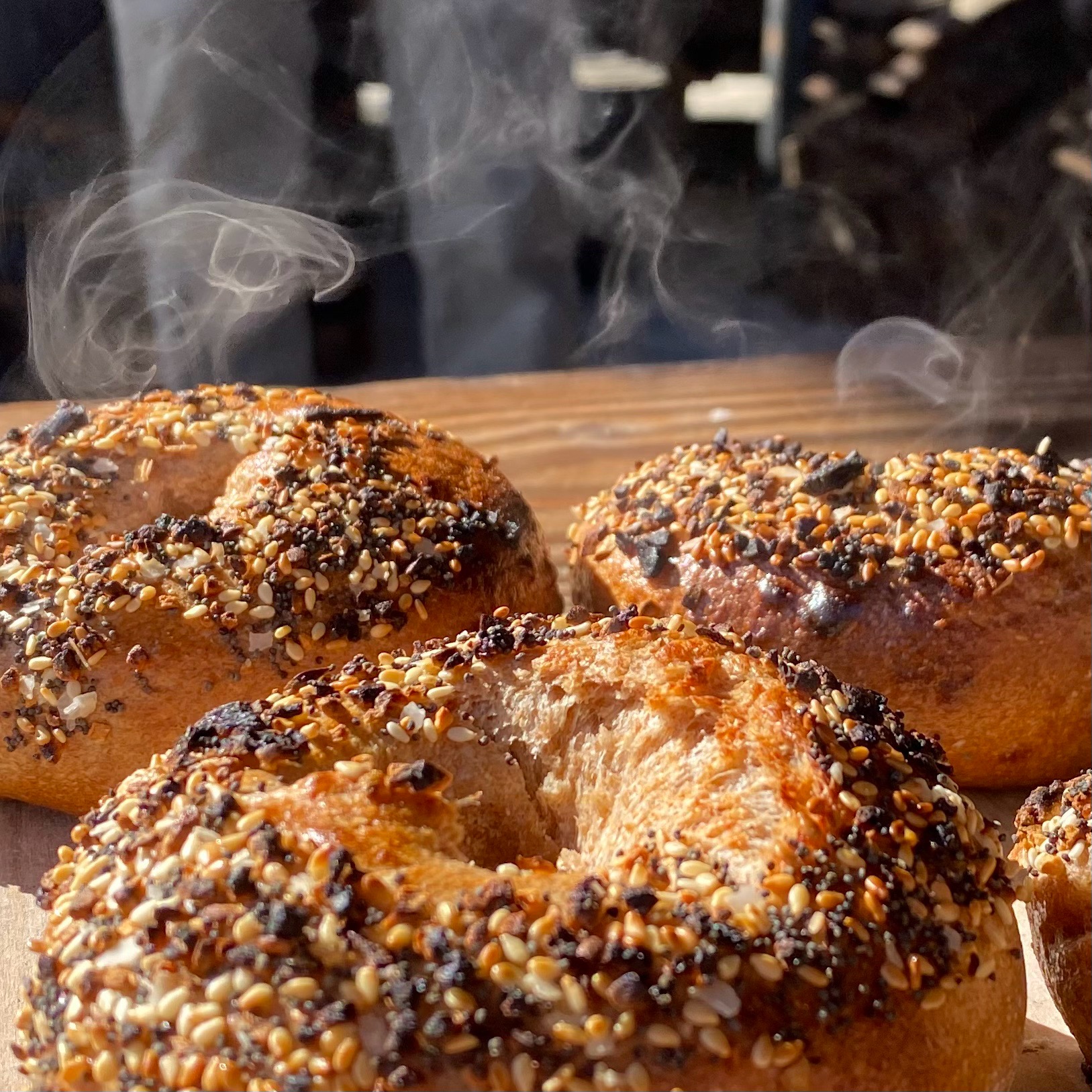 everything bagels with steam rising off of them