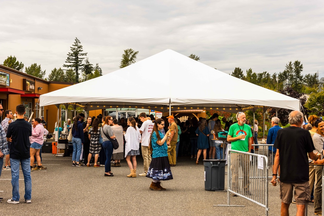 People walking around outside next to a white tent.
