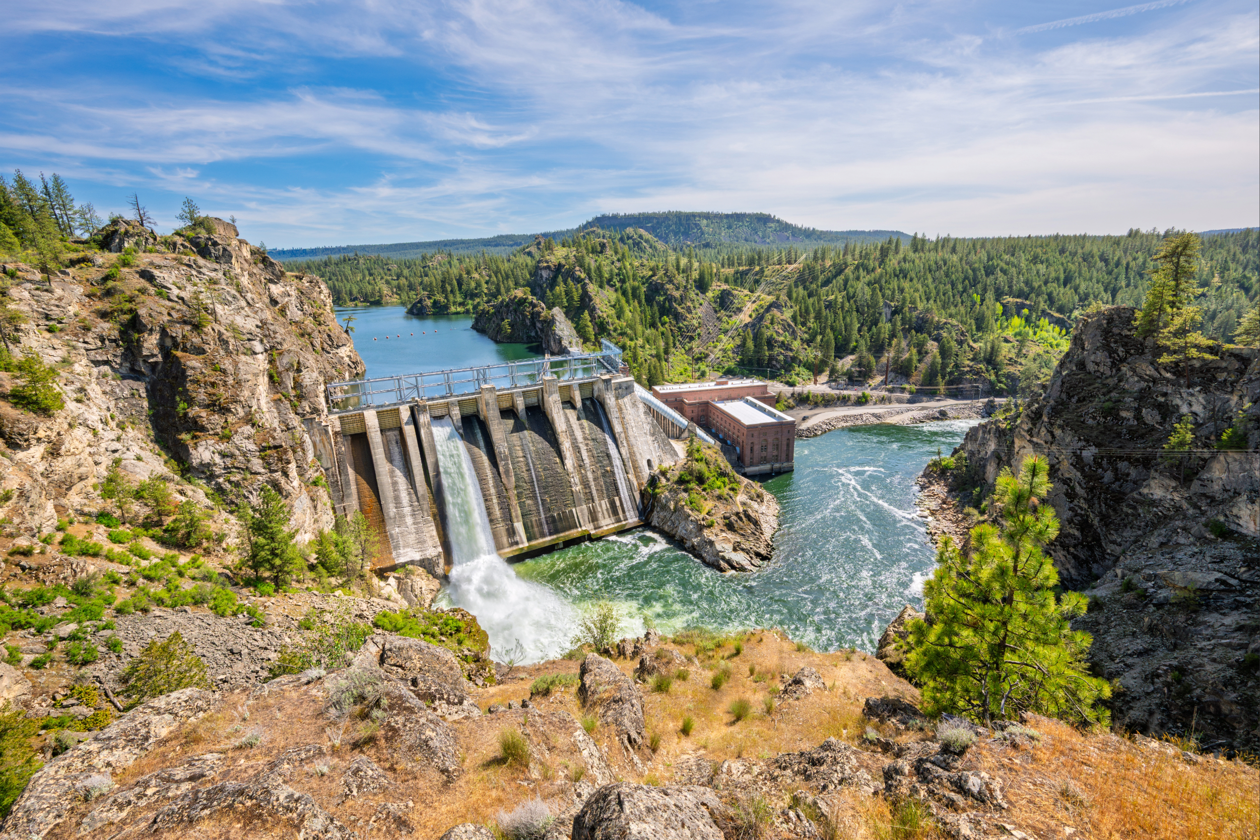 View of the Spokane River and reservoir from the scenic Long Lake Dam Overlook on Lake Spokane in Ford, Stevens County, Washington State, at Spring.