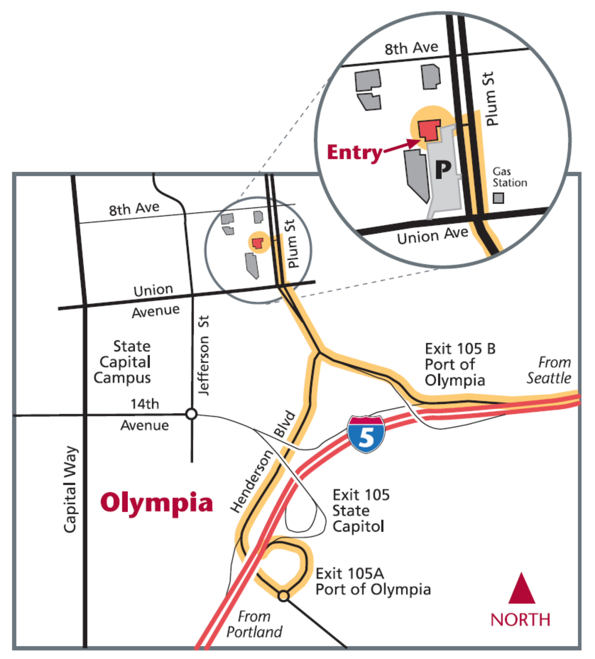 A simplified road map of Olympia, Washington, provides directions to the Energy Program building entry from Interstate 5. The main map shows I-5 running diagonally with labeled exits for the State Capitol (Exit 105) and the Port of Olympia (Exits 105A and 105B). Major surface streets include Henderson Boulevard, which transitions into Plum Street, and the cross streets of 14th, Union, and 8th Avenues. A circular inset provides a zoomed-in view of the destination located between 8th and Union Avenue. In this detail, a specific building is highlighted in red with a red arrow pointing to its west side labeled "Entry." A large grey parking area marked with a "P" sits directly south of the building. The map includes a north-facing compass rose in the bottom right and labels for traffic arriving from Portland to the south and Seattle to the north.