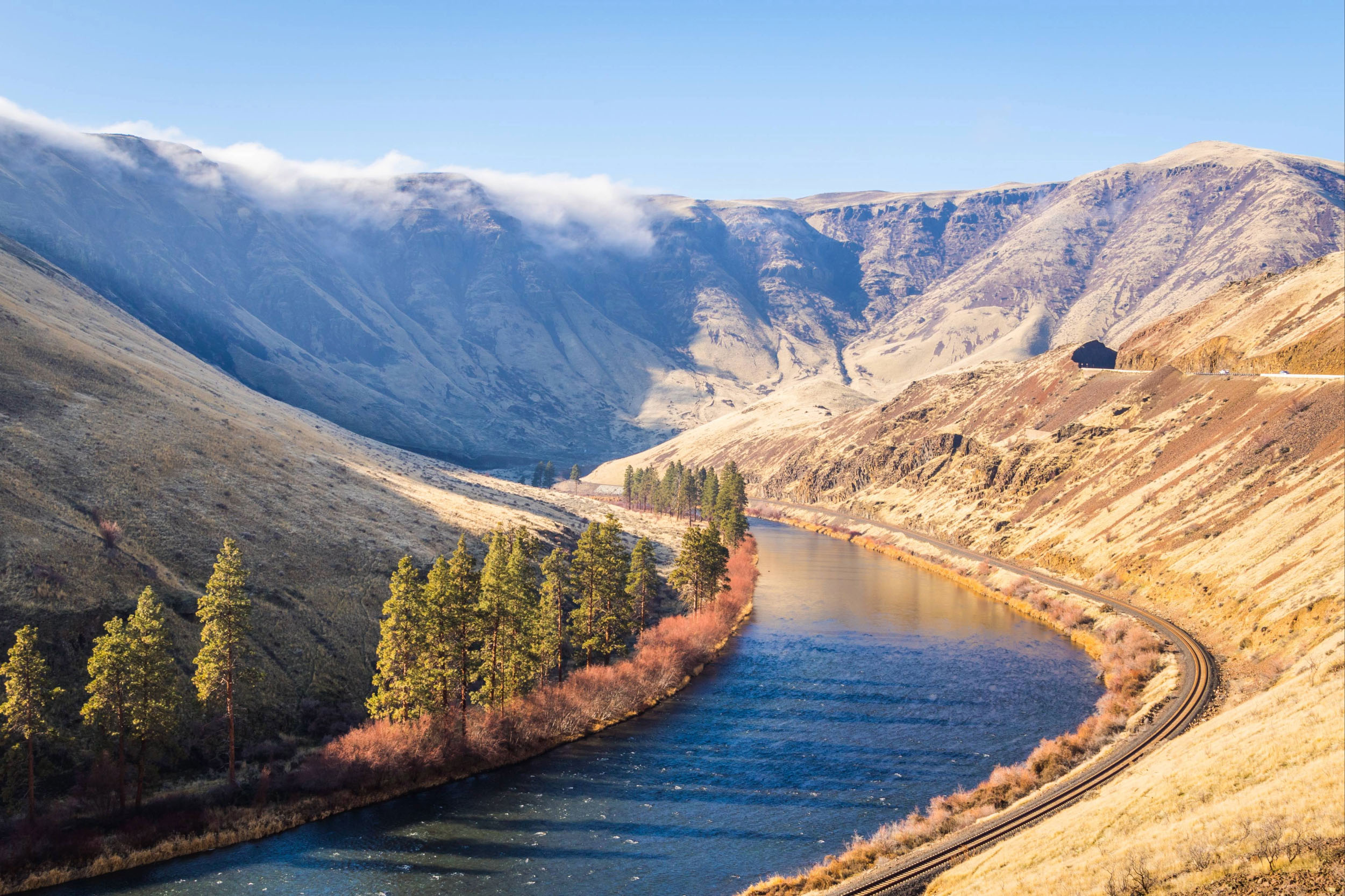 The Yakima River flows through a golden Yakima Valley. Pine trees line the river.