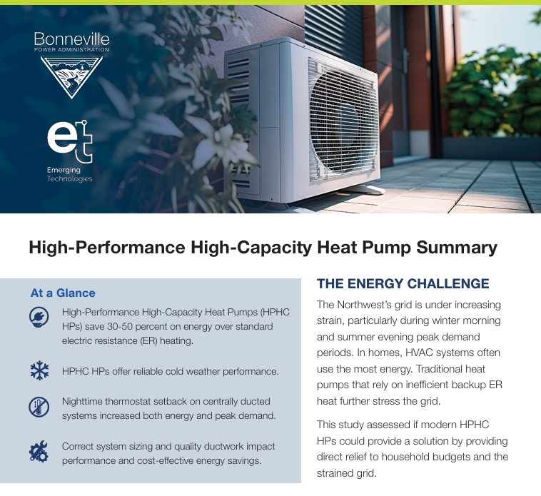 A screenshot of the High-Performance High-Capacity Heat Pump Summary page. An image of a heat pump is shadowed by Bonneville Power Administration and Emerging Technologies logos. Text conveys at a glance information about the program and information about the Northwest's energy challenge.