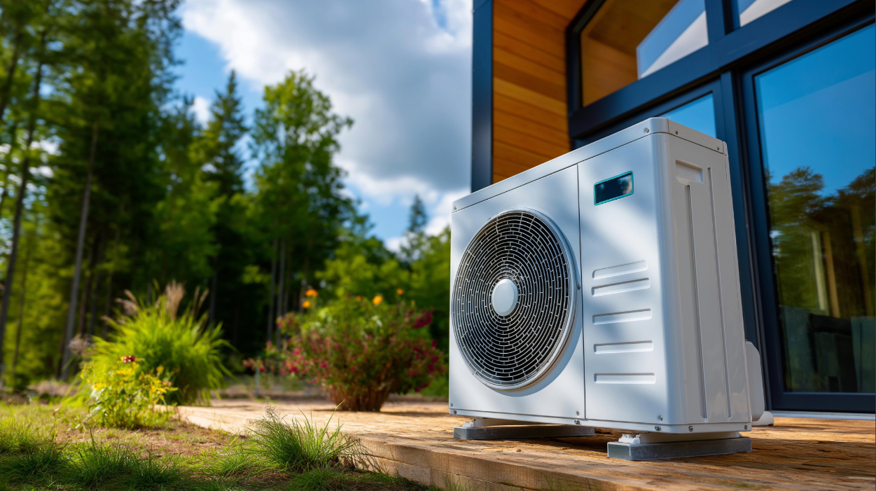 A heat pump outside of a residential home with evergreen trees in the background