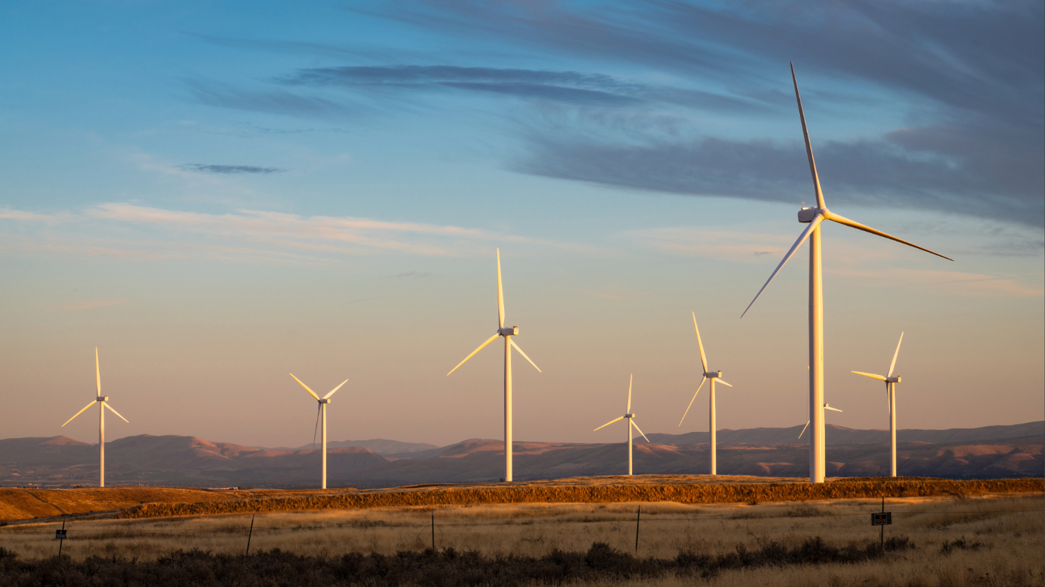 Wind turbines on a calm, golden-lit evening in Kittitas County, central Washington state