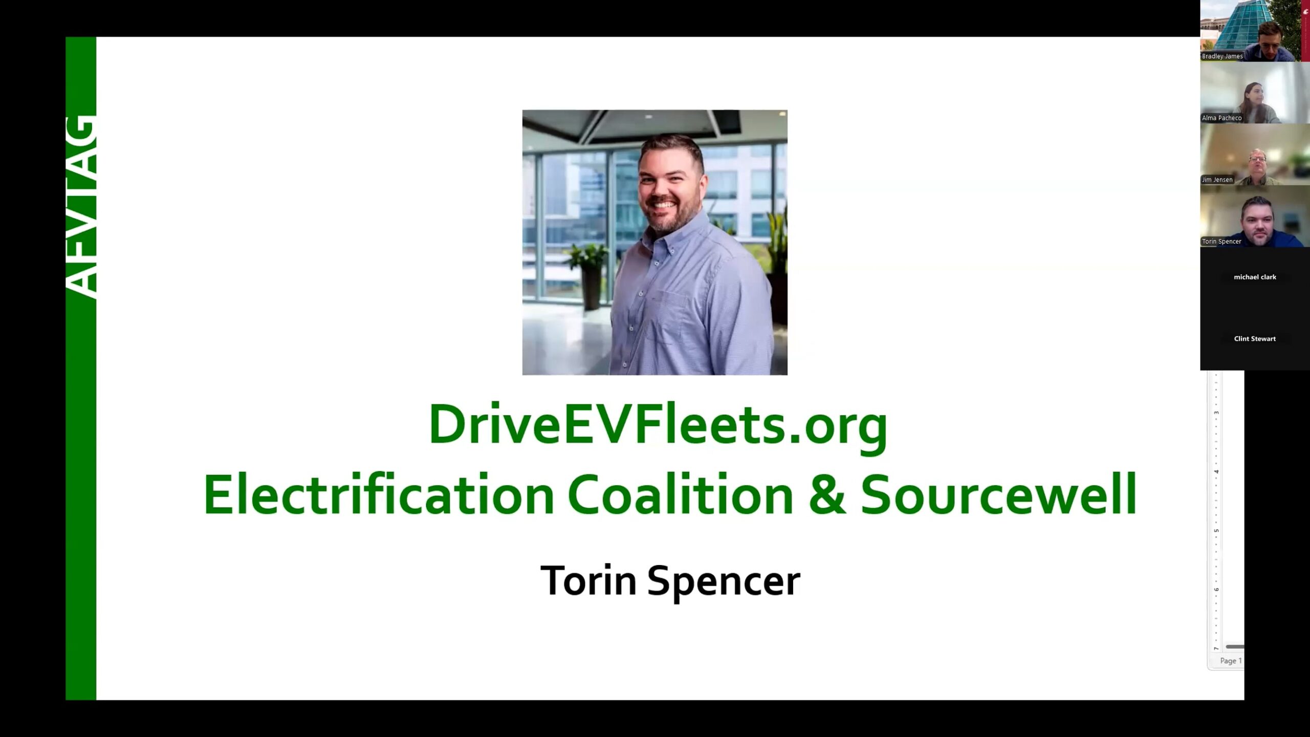 A presentation slide with a photo of Torin Spencer, speaker. Text reads, "DriveEVFleets.org Electrification Coalition and Sourcewell."