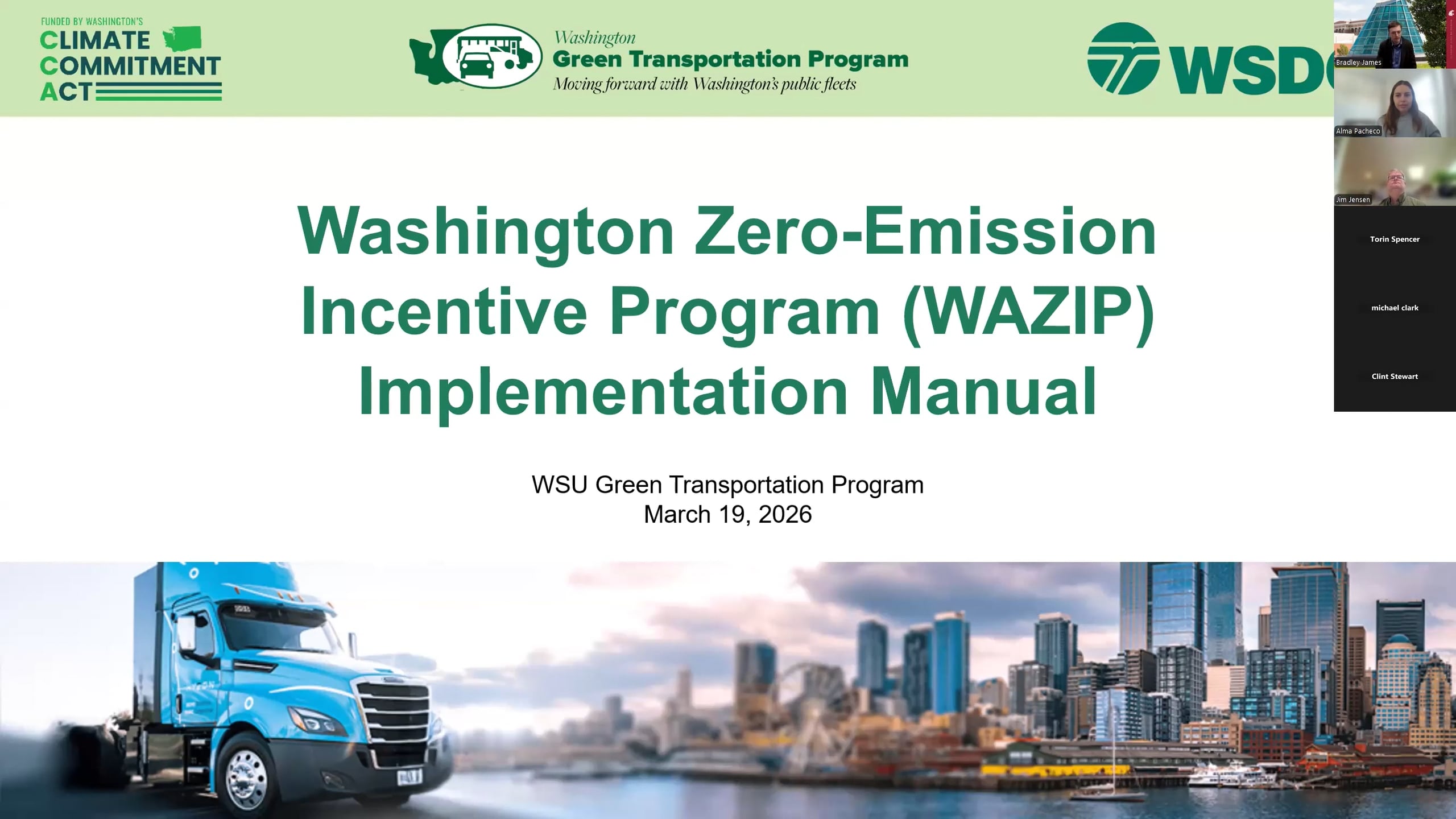 A screenshot of a presentation slide. An image of an electric truck in front of a city scape covers the bottom of the screen. Text reads "Washington Zero-Emission Incentive Program (WAZIP) Implementation Manual."