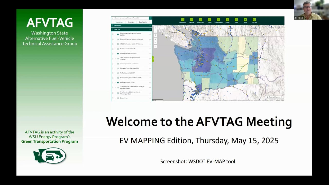 A presentation slide with a shaded map of Washington and text that reads "Welcome to the AFVTAG May Meeting EV Mapping Edition"