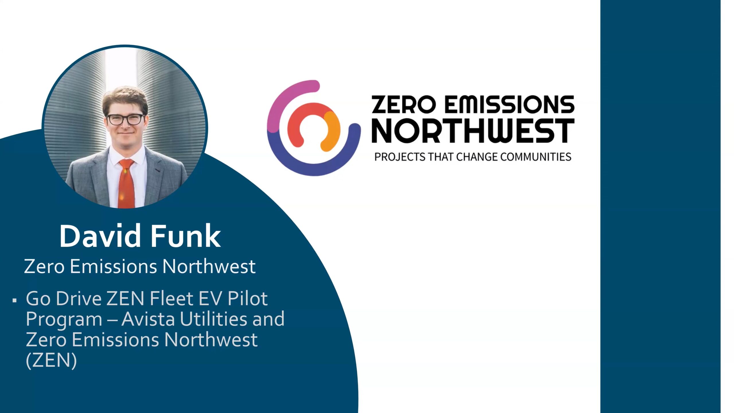 A screenshot of a presentation slide with an image of David Funk, presenter. Text reads "David Funk, Zero Emissions Northwest, Go Drive ZEN Fleet EV Pilot Program – Avista Utilities and Zero Emissions Northwest (ZEN)